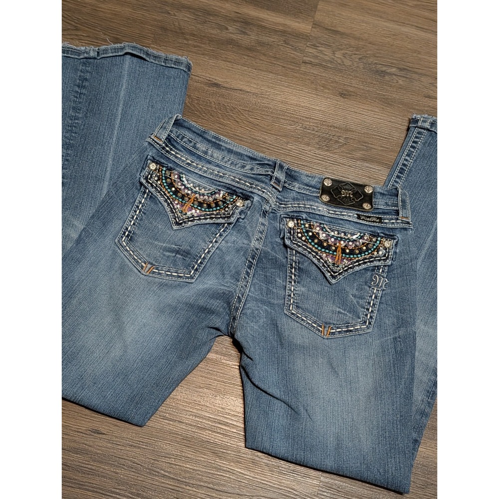 Miss Me Signature Boot Cut Jeans 30 Blue Medium Wash Embellished Flap Pocket Y2K